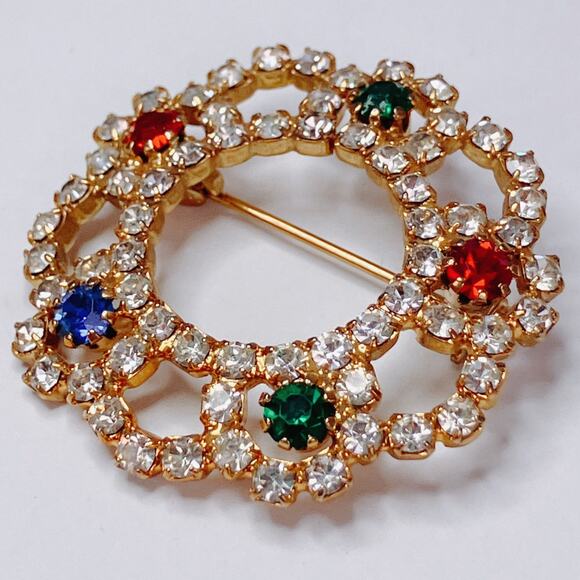 Vintage 50s 60s Mid Century Rhinestone Rosette Circle Brooch Gold Tone Sparkling - Picture 2 of 10